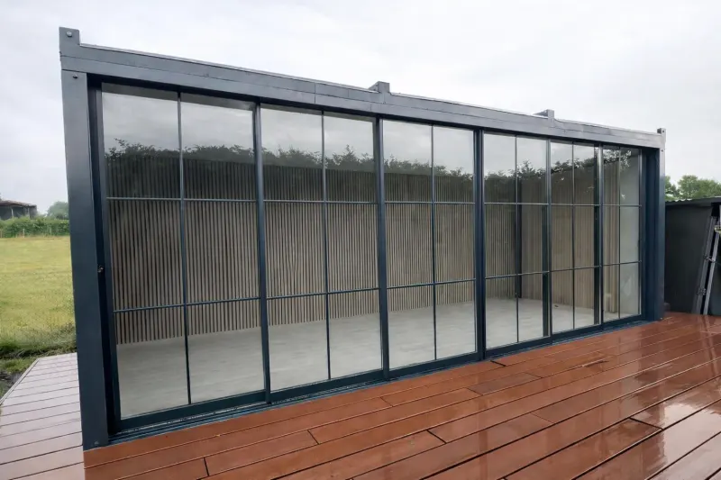 B2KON Elegant City Cabin with full-height sliding glass on a wooden deck